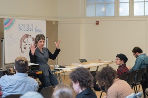 Ellen Forney speaking to the students at CCS