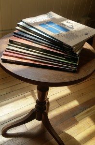 Jason's books briefly lounging in the sun in the Schulz Library