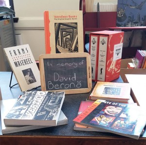 David Berona's book Worldess Books with other wordless books by Lynd Ward, Franz Masereel, and Peter Kuper.