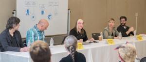 The complete panel: Tom Kaczynski, Chris Pitzer, Jen Vaughn (moderator), Allison Baker, and Bill Kartalopoulos.