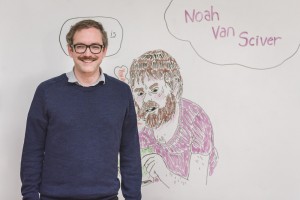 Noah van Sciver in front of Fante Bukowski as drawn by Luke Howard.