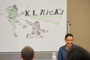 K. L. Ricks with her visiting artist board, drawn by Luke Howard.