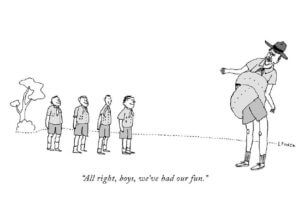 Comic by Liana Finck; says "All right, boys and girls, we've had our fun."