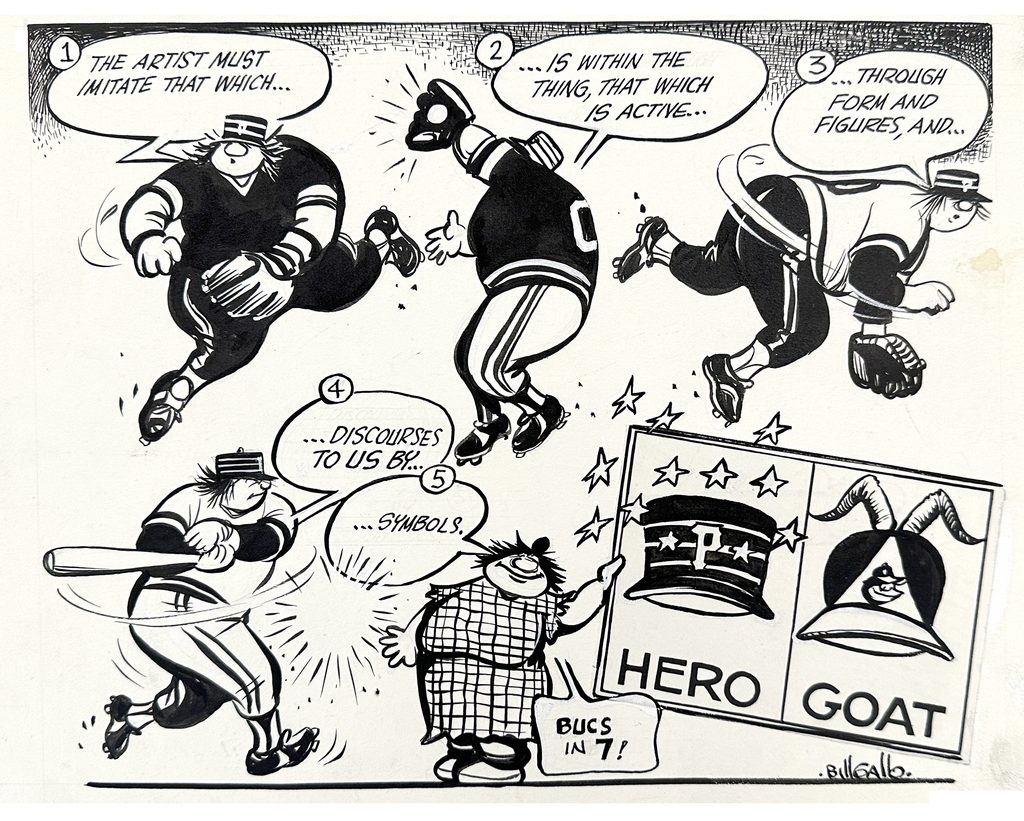 Drawing by Bill Gallo of Baseball player drawings in various forms and figures, with captions.