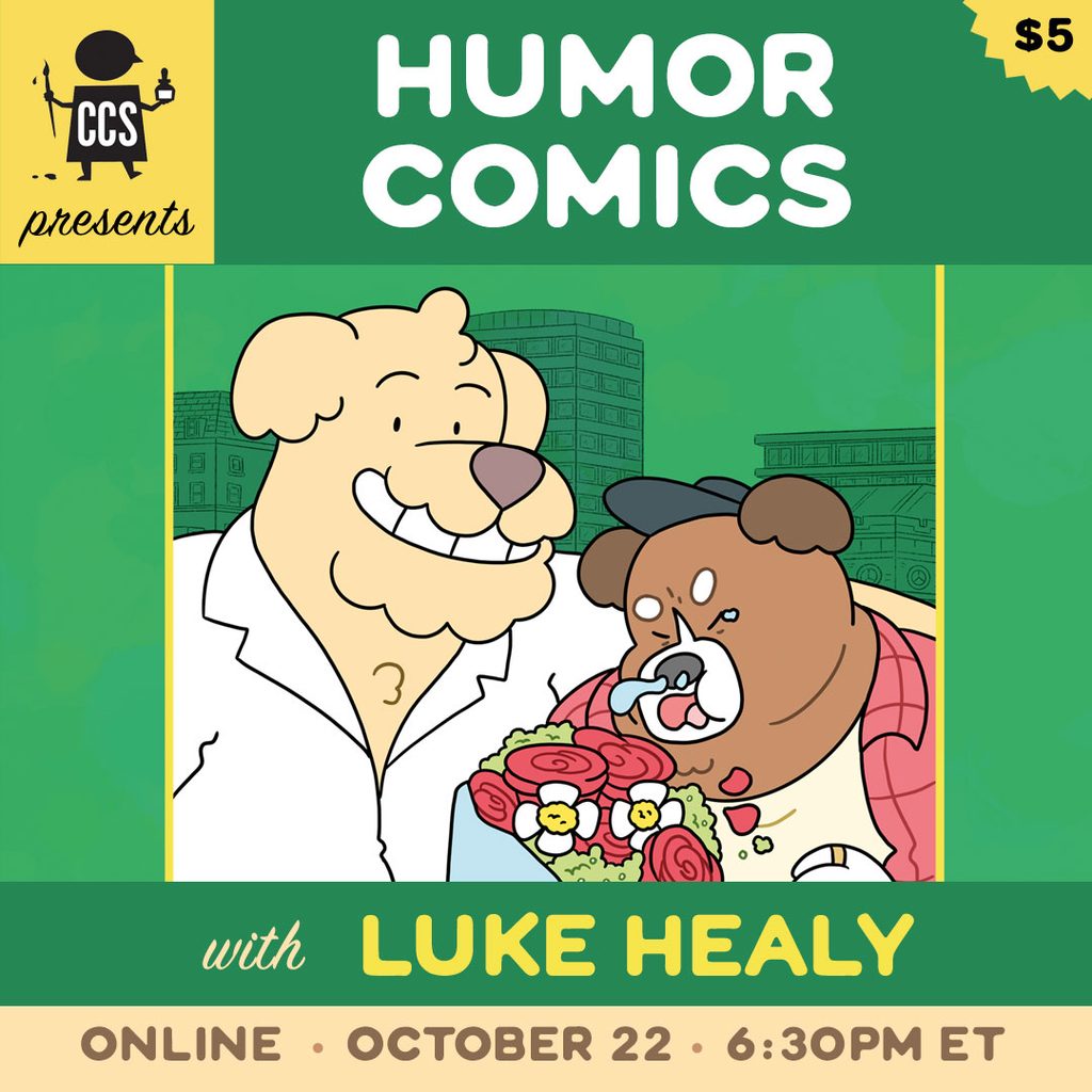 Webinar promotion graphic featuring book cover image drawn by artist featuring two dogs.