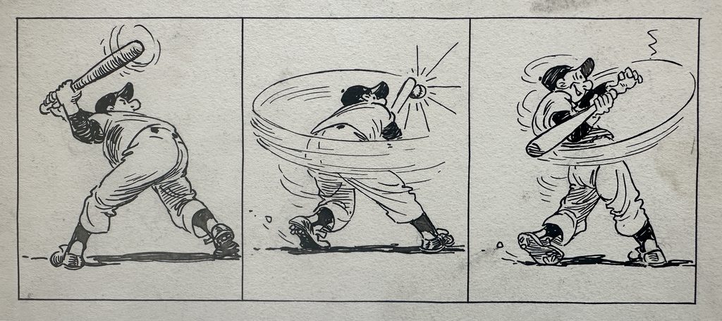 A sequential 3 panel drawing by Leo_O’Mealia of a baseball player swinging a bat.