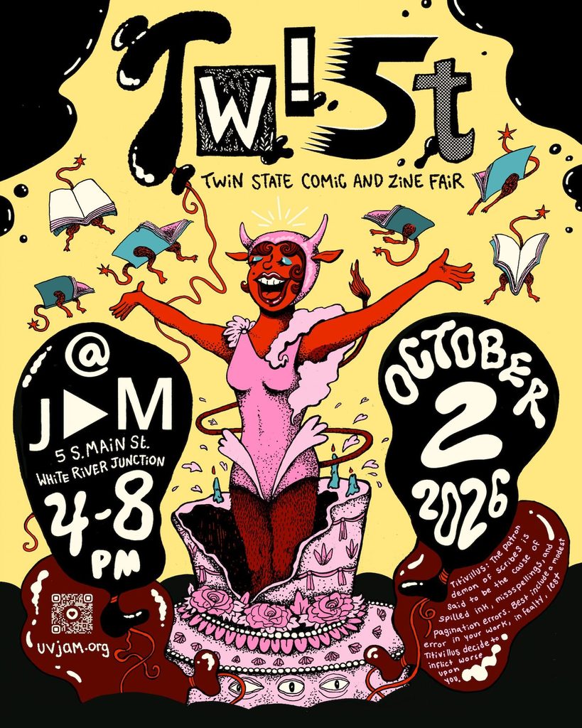 Illustration poster for the Twin State Comic and Zine Fair featuring a cartoon character, with drawn books