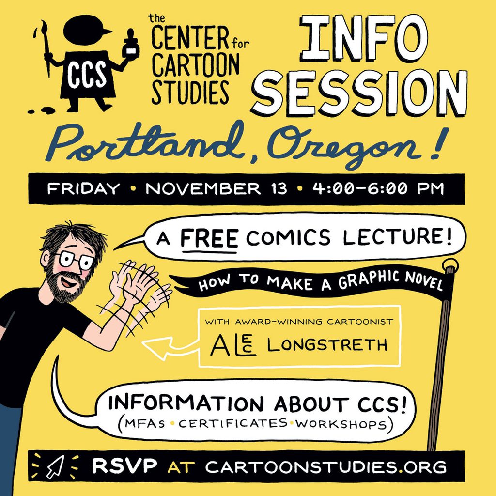 Info Session graphic for Portland, Oregon. Cartoonist Alec Longstreth is drawn by the artist.