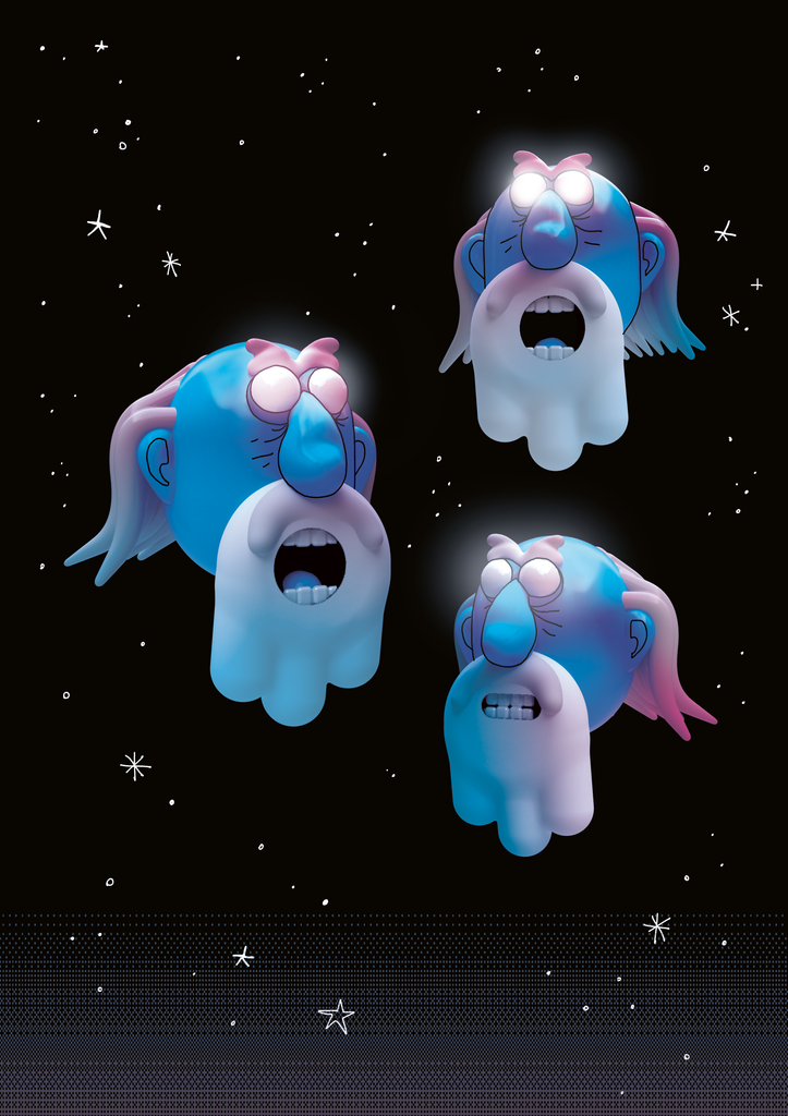 Illustration by Michael Grover featuring three floating head characters drawn by artist from Wizard Headspace.